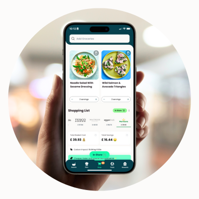 The Reewild app on a smartphone showing the carbon impact of meal choices.