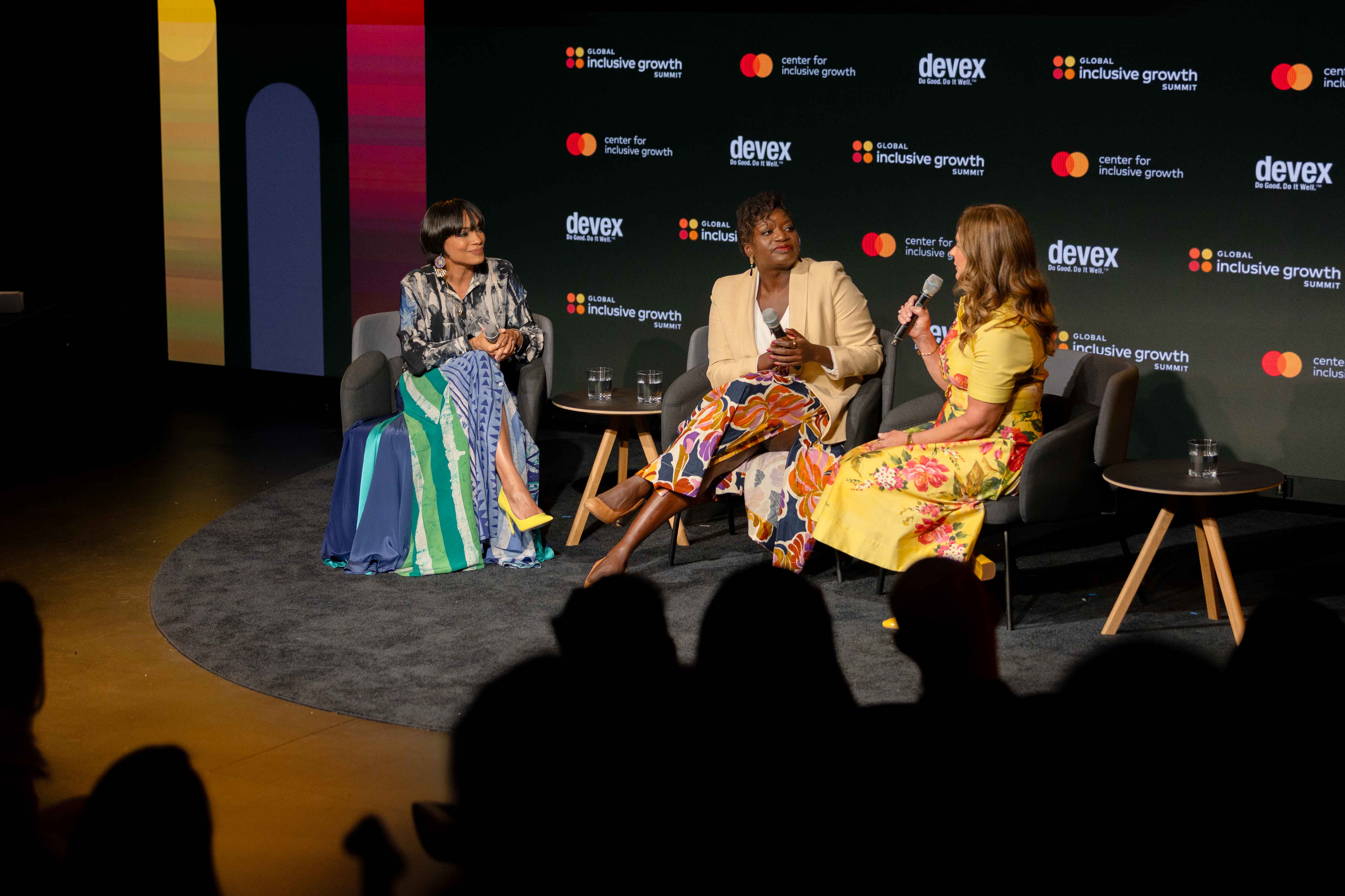 Philanthropist Melinda French Gates speaks with Rosario Dawson, an actor and activist for gender equality, and Fatoumata Bâ, the founder and executive chair of Janngo Capital, on stage at the Global Inclusive Growth Summit in Washington, D.C.