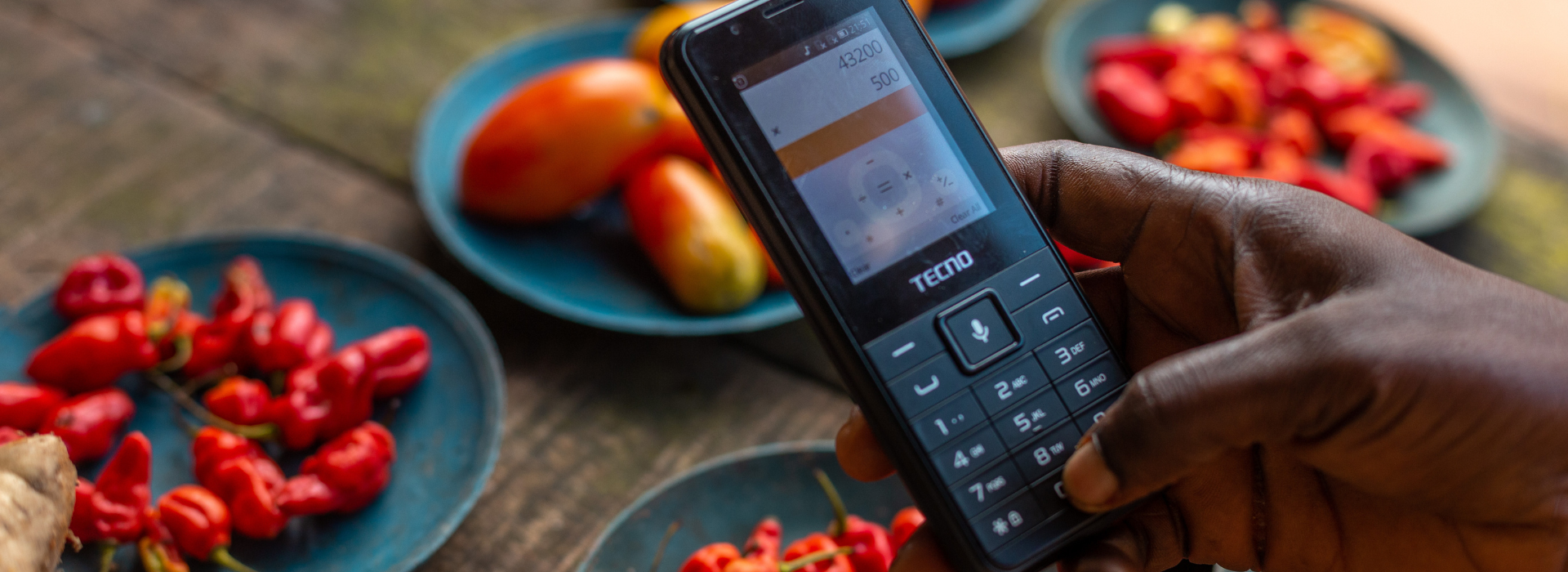 A person holds a KaiOS-powered smart feature phone in front of plates of peppers.